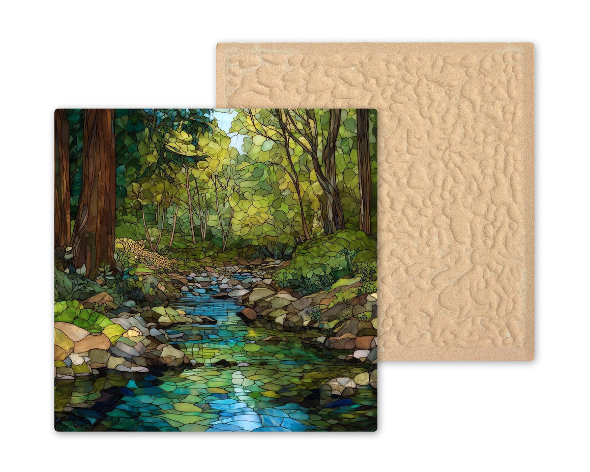 Forest Creek Ceramic Tile Wall Art - Stained Glass Style Woodland Stream Nature Home Decor Gift