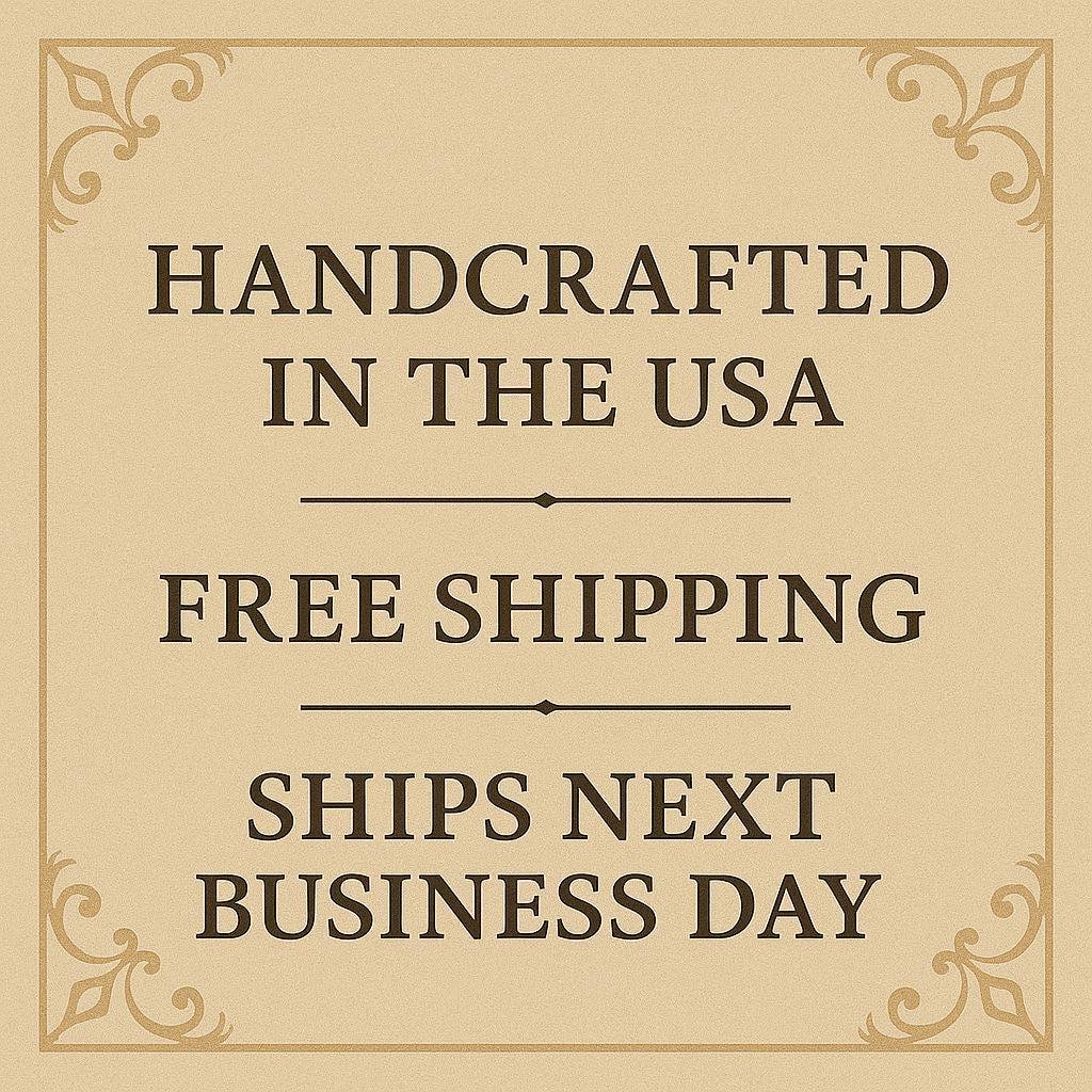 The image is a sign advertising a product, specifically a handmade item, that is free shipping and will be available for business the next day.