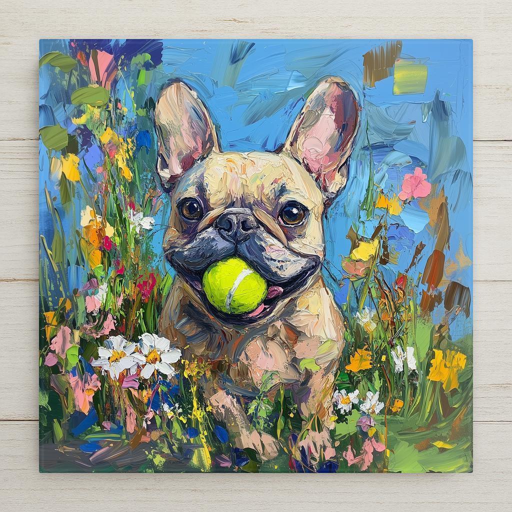 May include: A French bulldog with a tennis ball in its mouth, painted in a colorful style with a blue background and green, yellow, and pink flowers.