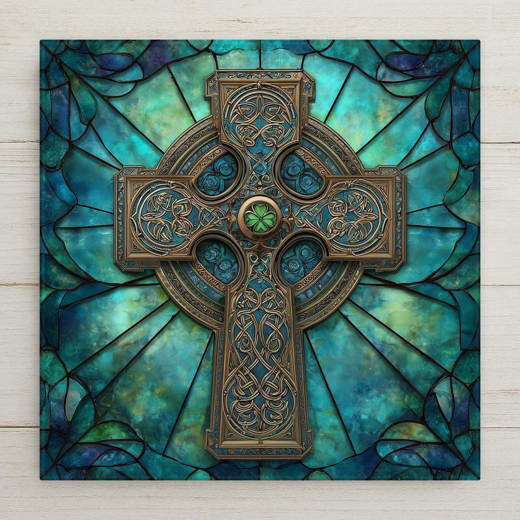 Celtic cross ceramic tile wall art featuring stained glass–style Celtic knotwork and shamrocks in rich green and blue tones. Irish Christian wall decor with intricate interwoven design and symbolic shamrock center. Permanent print on ceramic tile, not real stained glass or mosaic. Optional wall hanger, easel stand, cork backing, or premium frame available.