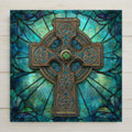 Celtic cross ceramic tile wall art featuring stained glass–style Celtic knotwork and shamrocks in rich green and blue tones. Irish Christian wall decor with intricate interwoven design and symbolic shamrock center. Permanent print on ceramic tile, not real stained glass or mosaic. Optional wall hanger, easel stand, cork backing, or premium frame available.