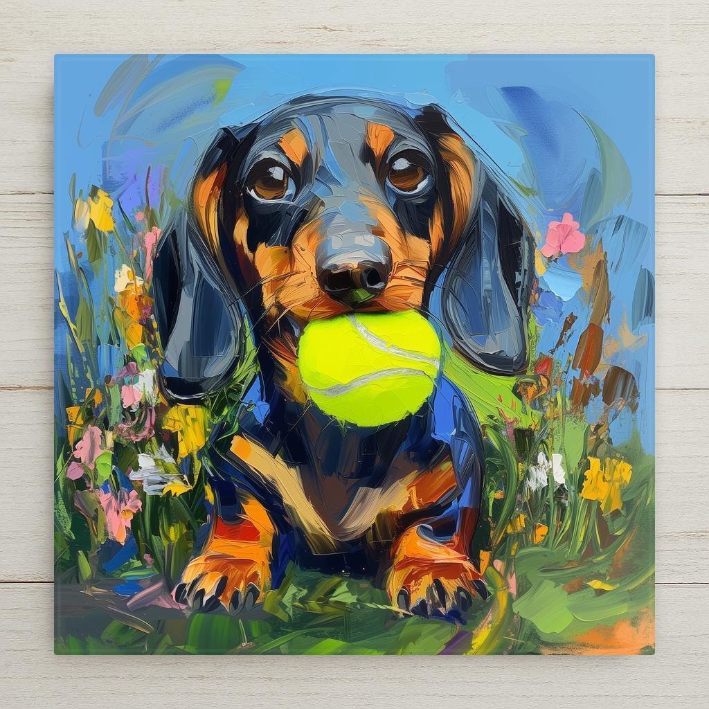 Bright and whimsical dachshund ceramic tile art featuring a wiener dog with a tennis ball in a wildflower field. A joyful pet portrait gift and playful dog wall art piece. Great for kitchens, entryways, or pet lovers’ gallery walls. Durable, decorative, and ideal for dachshund fans.