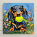 Bright and whimsical dachshund ceramic tile art featuring a wiener dog with a tennis ball in a wildflower field. A joyful pet portrait gift and playful dog wall art piece. Great for kitchens, entryways, or pet lovers’ gallery walls. Durable, decorative, and ideal for dachshund fans.