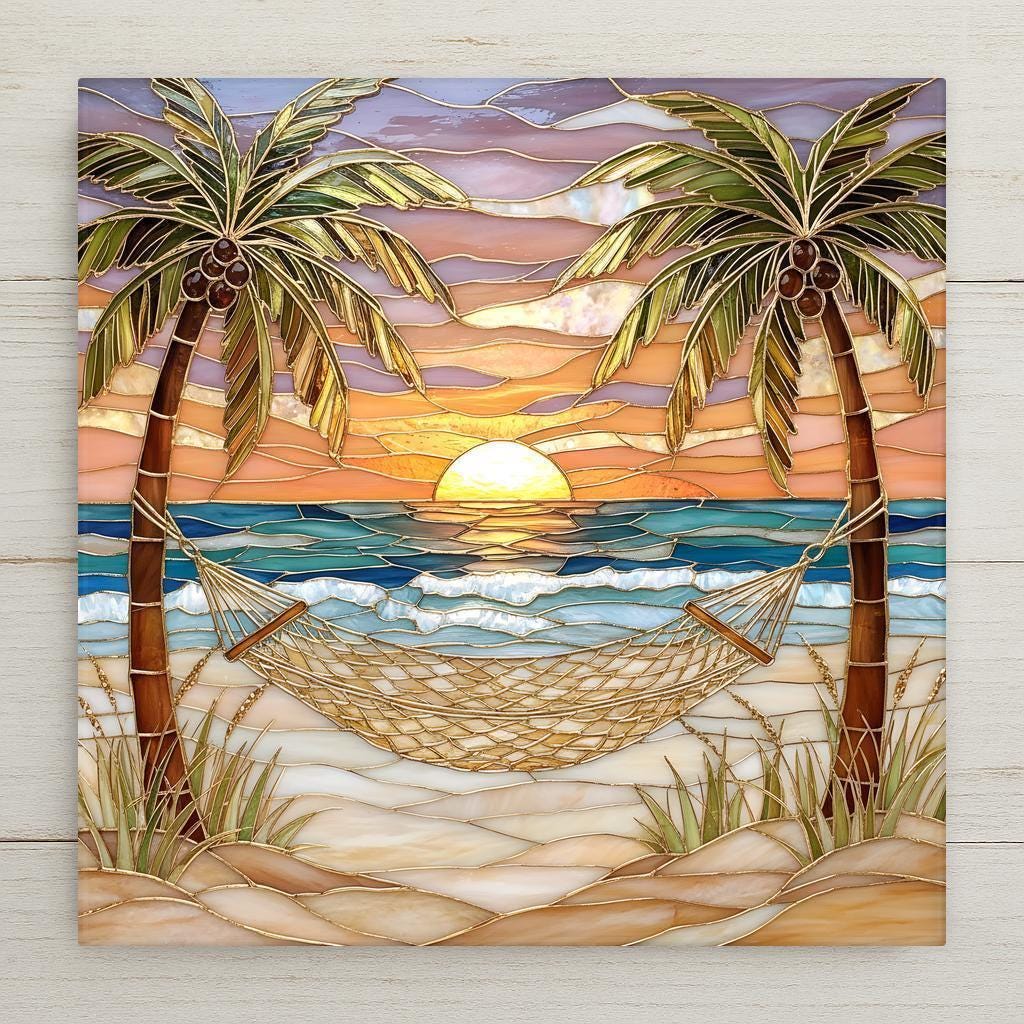 Stained-glass style ceramic tile featuring a tropical beach sunset with two palm trees and a hammock overlooking teal ocean waves. Coral and gold sky reflects on the water, creating a peaceful coastal scene. Beach house wall decor design inspired by seaside relaxation.