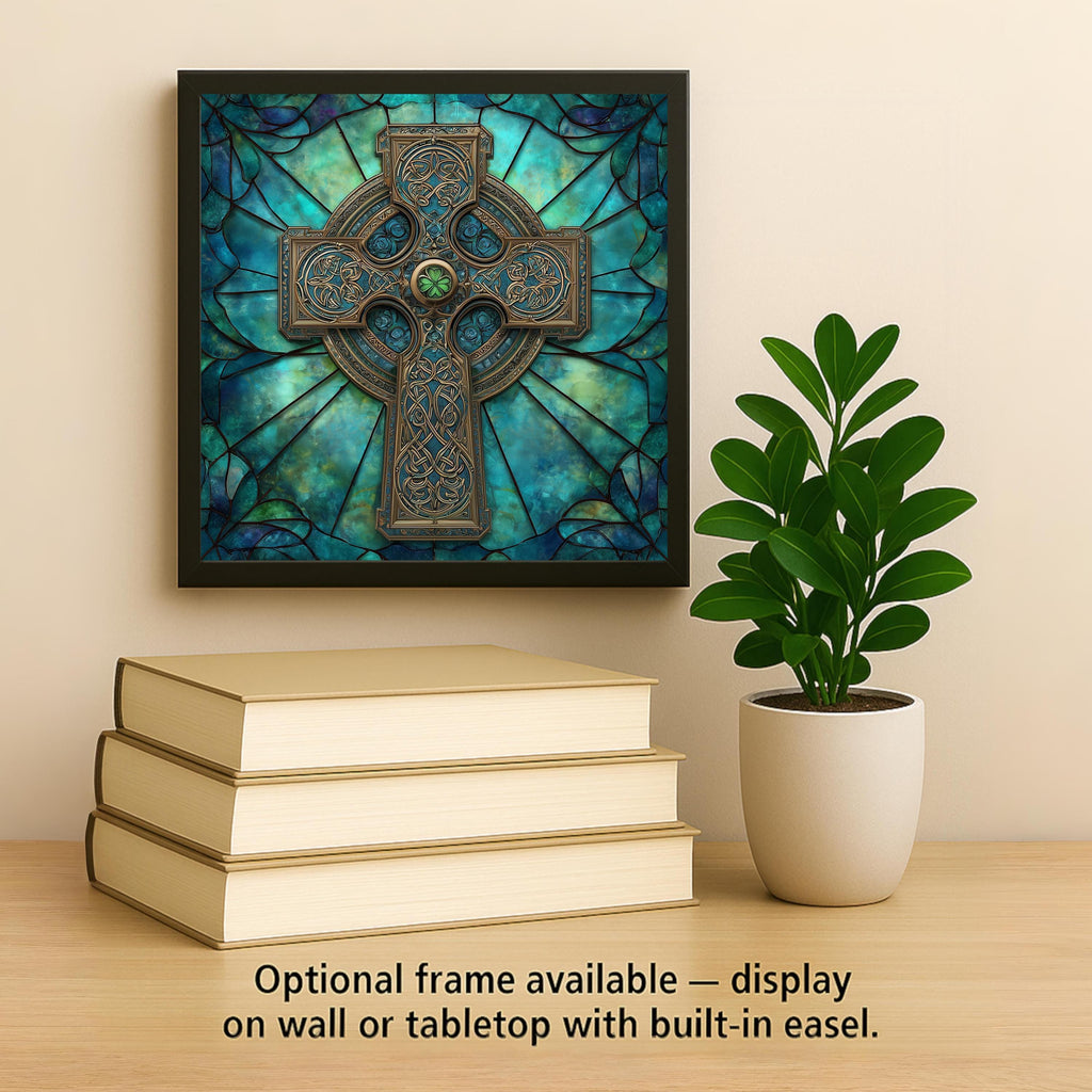 Celtic Cross Ceramic Tile Wall Art - Stained Glass Style Knotwork with Shamrocks, Irish Christian Home Decor Gift