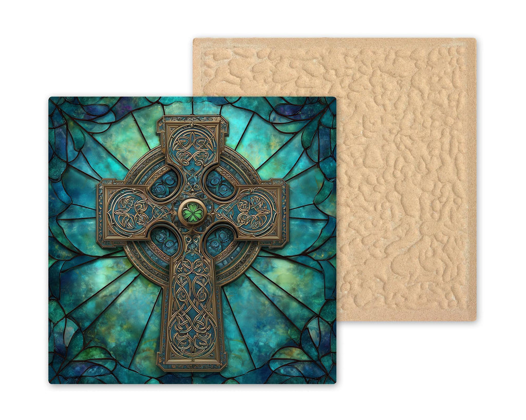 Celtic Cross Ceramic Tile Wall Art - Stained Glass Style Knotwork with Shamrocks, Irish Christian Home Decor Gift