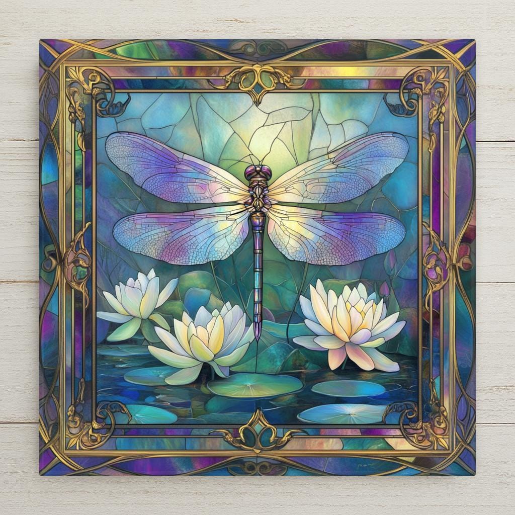 This dragonfly ceramic tile features shimmering wings and water lilies in a stained glass Art Nouveau design. Symbolic of change and renewal, it’s ideal for home décor or gifting. Display with a wall hanger, cork back, or stand—optional add-ons available.