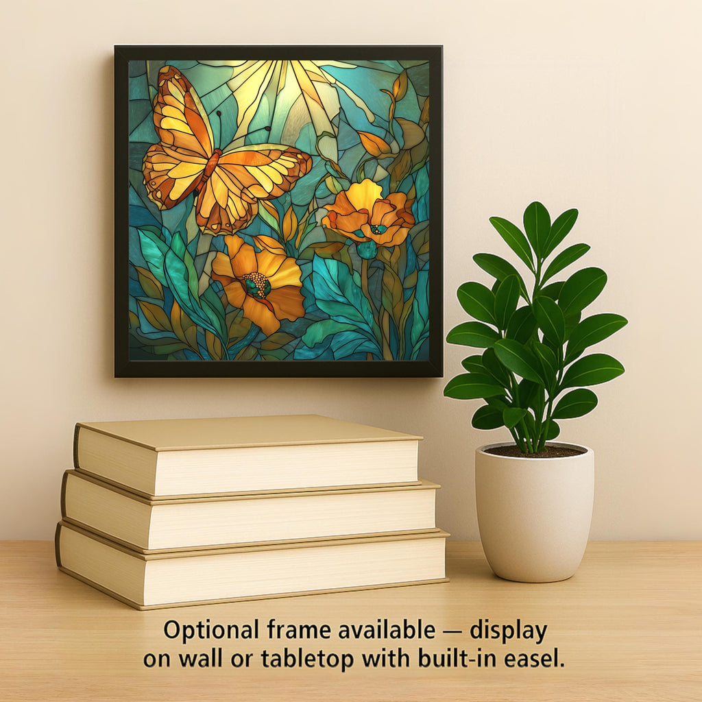 Monarch Butterfly Stained Glass Style Ceramic Art Tile – Orange Poppy Wall Decor, Garden Nature Lover