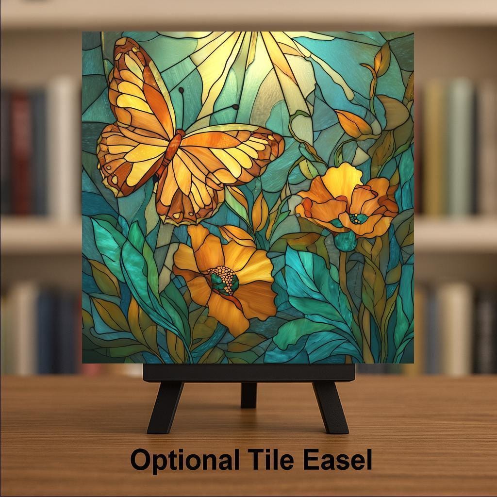 Monarch Butterfly Stained Glass Style Ceramic Art Tile – Orange Poppy Wall Decor, Garden Nature Lover