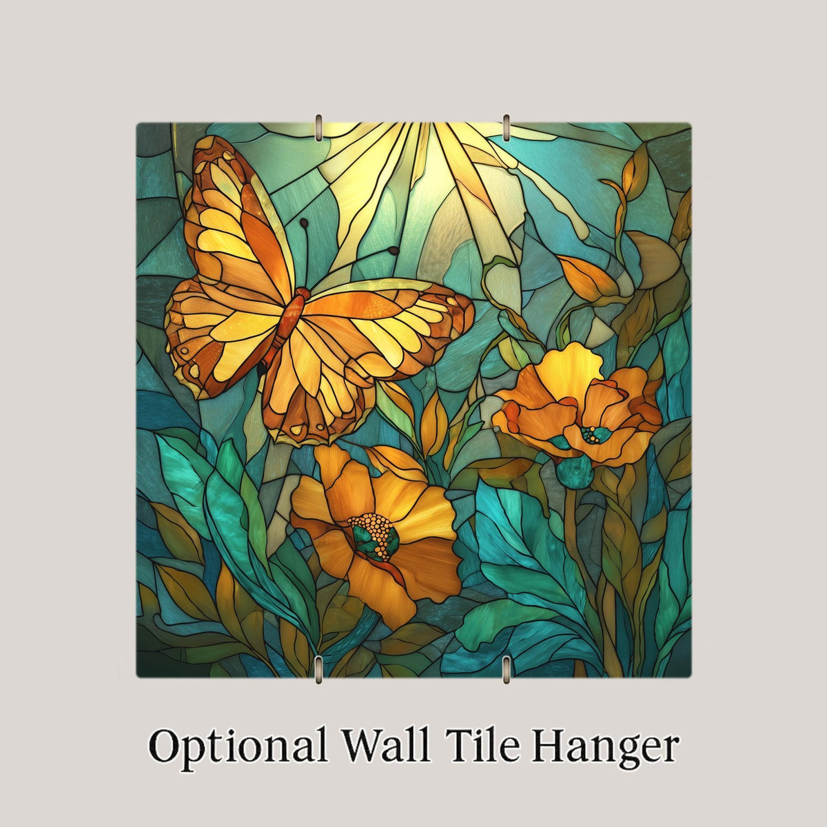 Monarch Butterfly Stained Glass Style Ceramic Art Tile – Orange Poppy Wall Decor, Garden Nature Lover