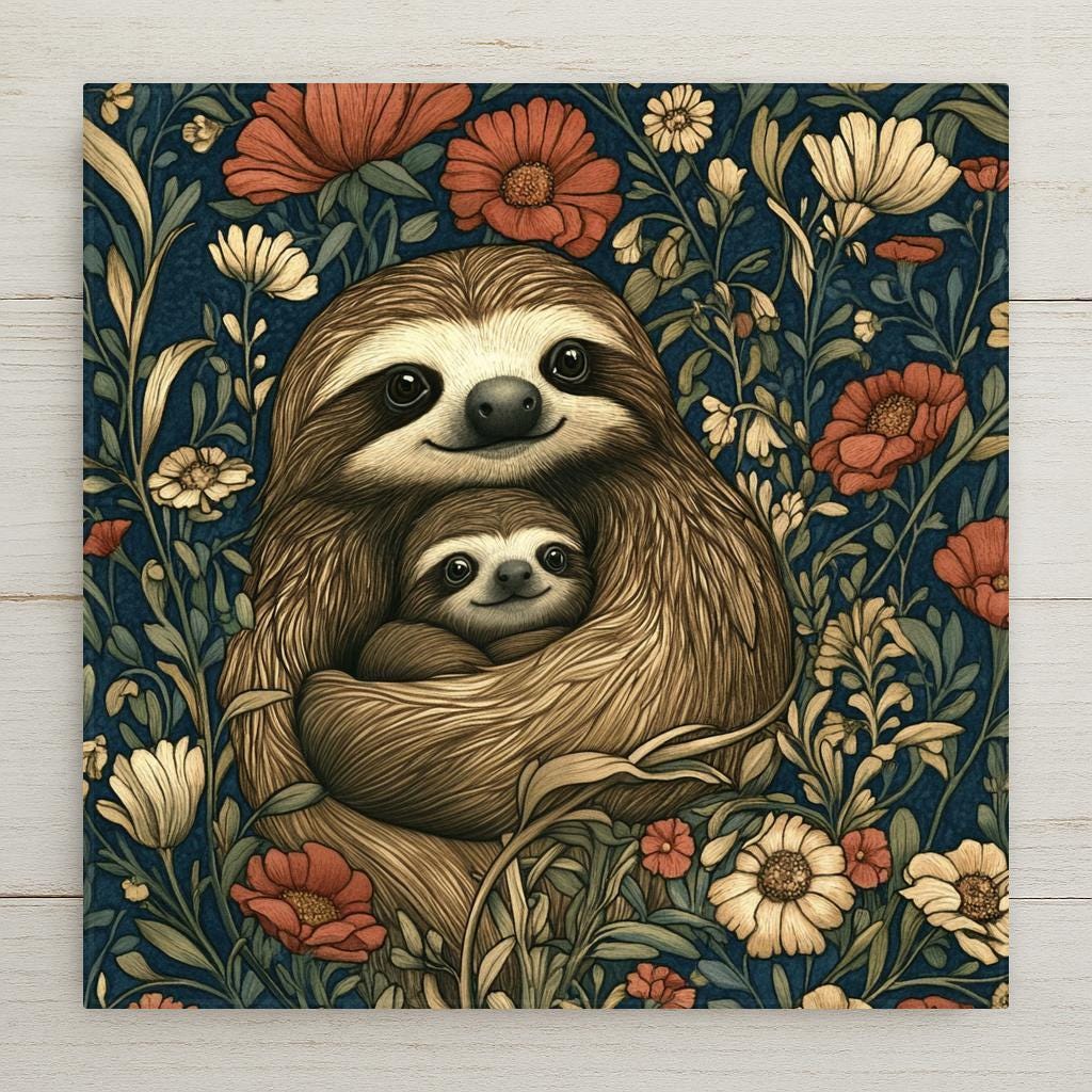 Bring the slow-paced serenity of sloths to your home with this William Morris-inspired ceramic art tile. Featuring a beautifully detailed baby and parent sloth surrounded by wildflowers in a vintage woodland style, it’s a charming tribute to the animal kingdom. Ideal for fans of Art Nouveau, sloth collectors, or those seeking peaceful nursery or boho decor. This tile functions as both a work of art and a practical trivet, making it a unique and lasting gift.