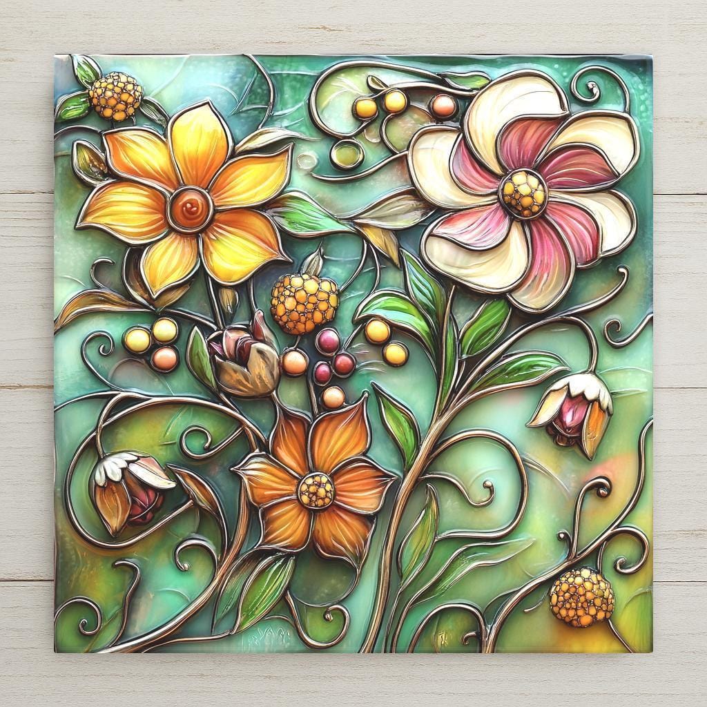Stained glass style summer garden floral ceramic tile bursting with colorful garden blooms in vivid teal gold rose and violet tones, a luminous cottage garden botanical wall art piece for nature and garden lovers.