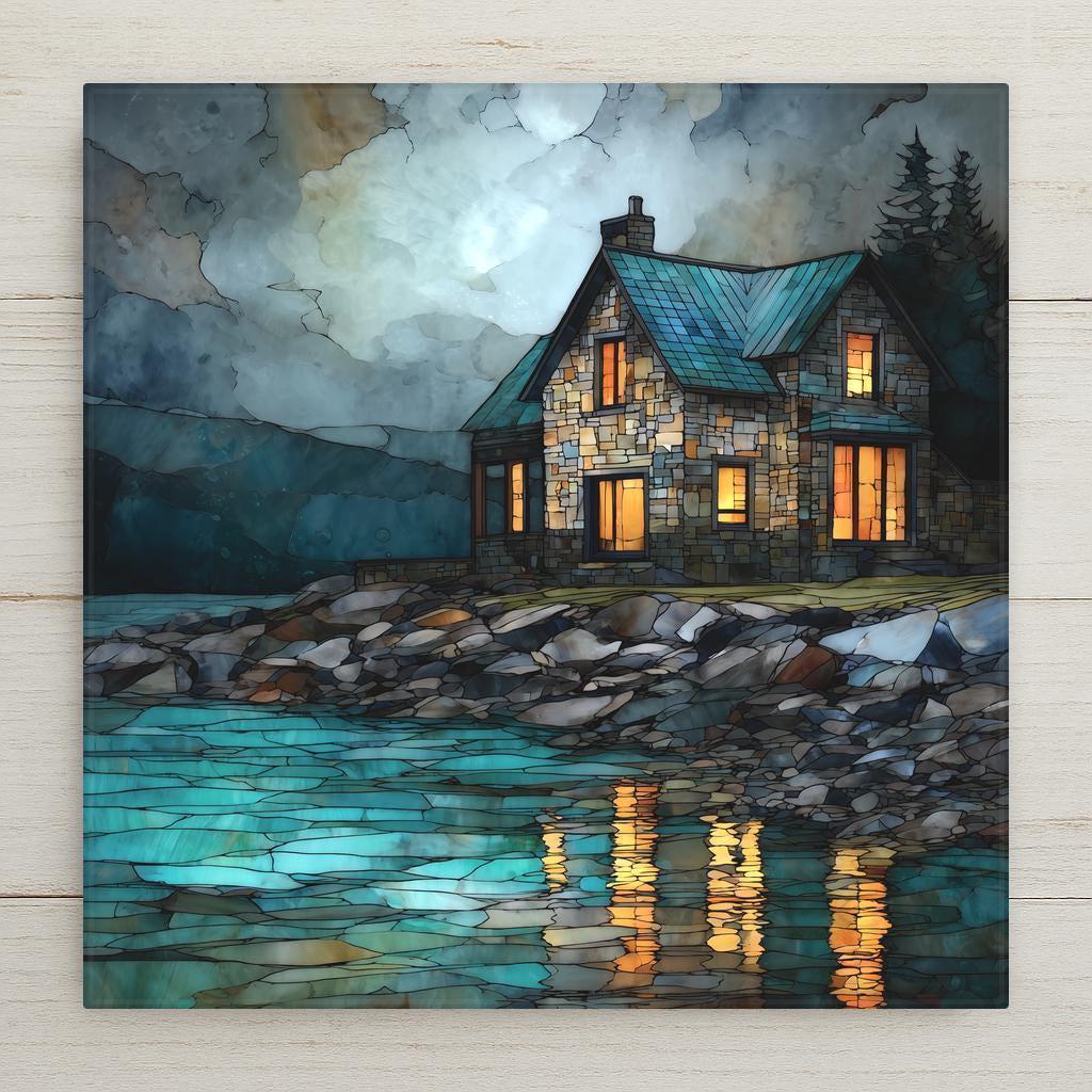 Moonlit coastal cottage ceramic tile wall art featuring a glowing seaside stone house reflected in calm turquoise water. Stained glass–style ocean decor with warm window light. Peaceful coastal home decor with optional wall hanger, easel stand, cork backing, or premium frame.