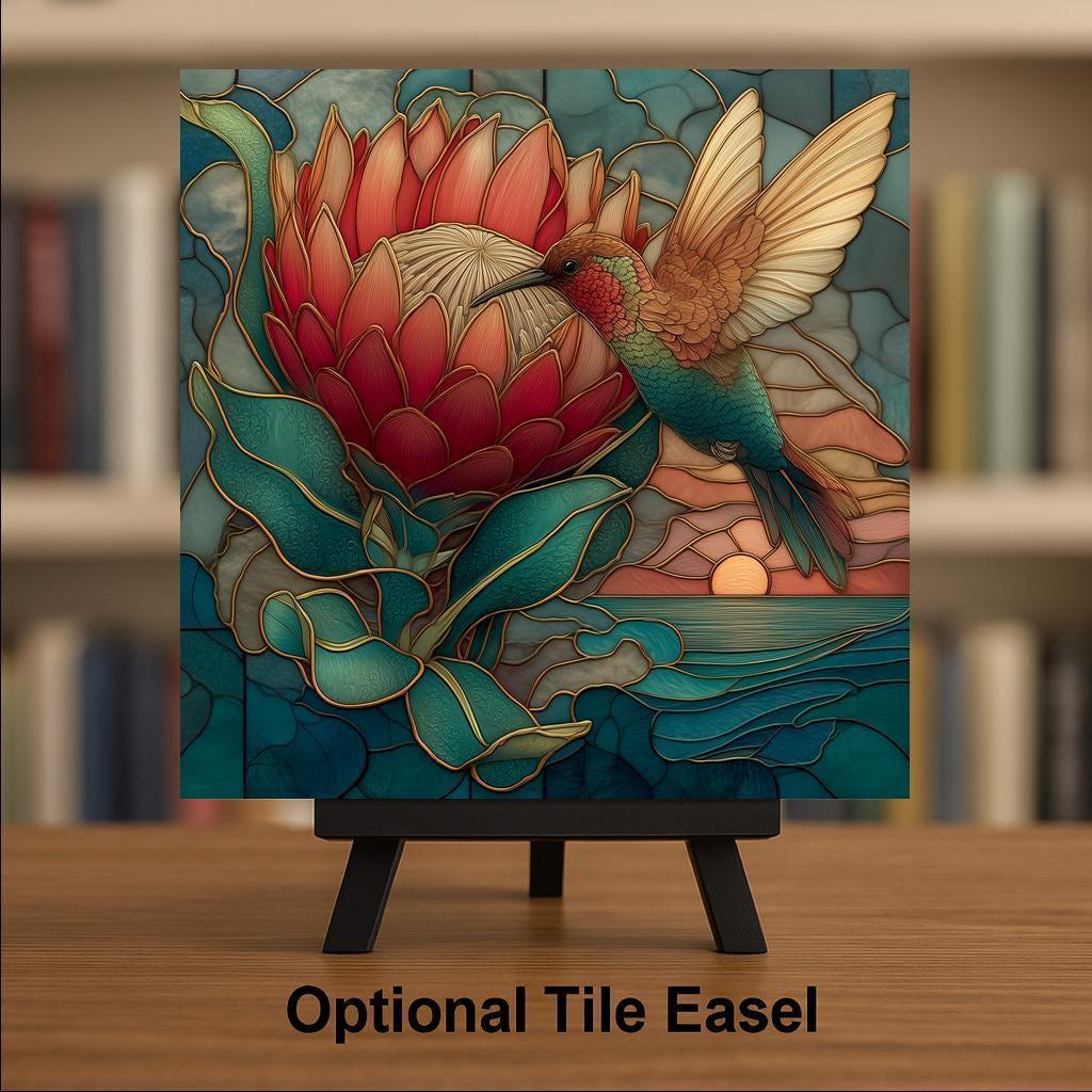 Hummingbird Wall Art Ceramic Tile Coastal Wall Decor Home Decor Protea Flower Wall Art Ceramic Tile Stained Glass Style Bird Gift