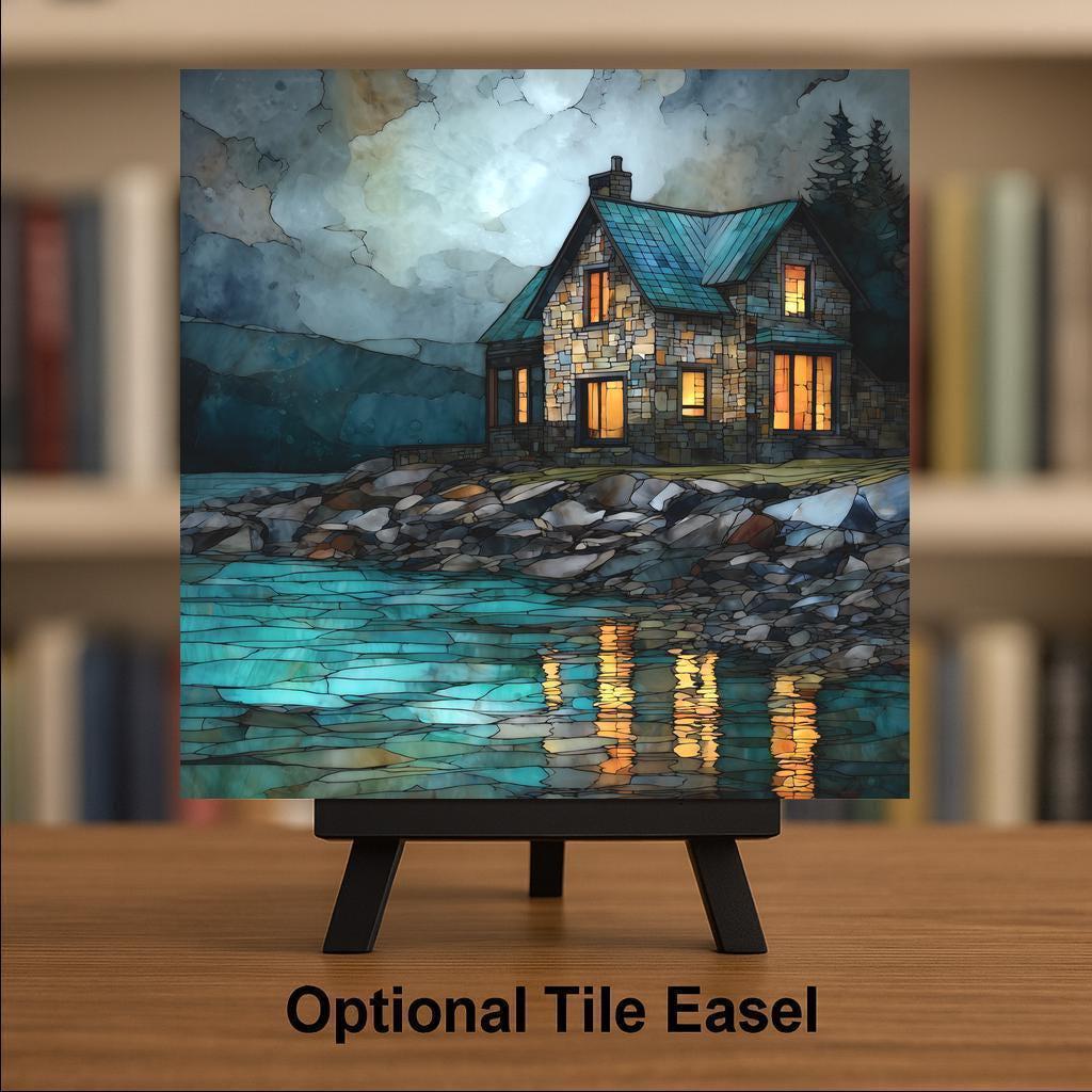 Coastal Cottage Wall Art Ceramic Tile Stained Glass Style Moonlit Gift Beach House Decor Ocean Nature