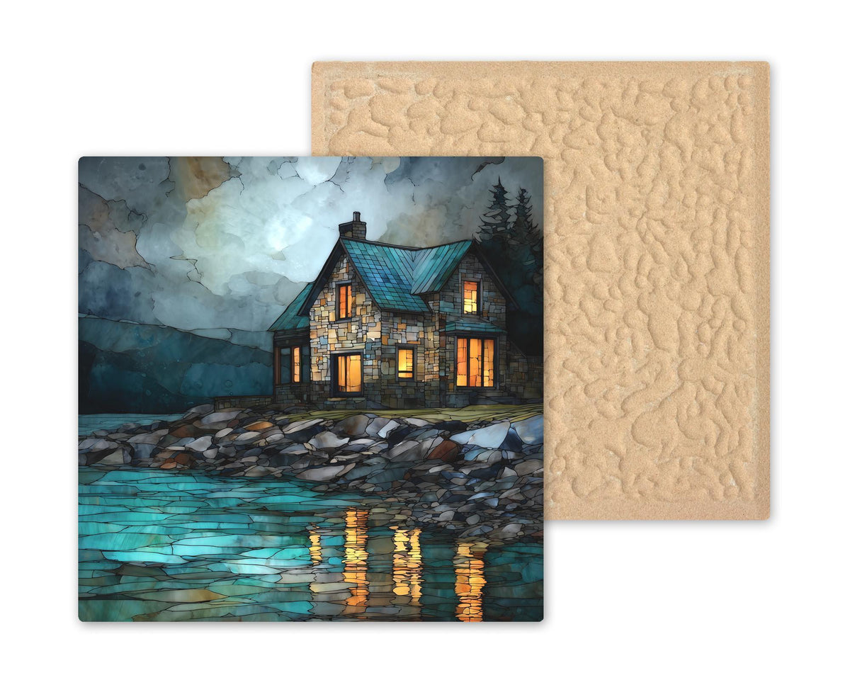 Coastal Cottage Wall Art Ceramic Tile Stained Glass Style Moonlit Gift Beach House Decor Ocean Nature