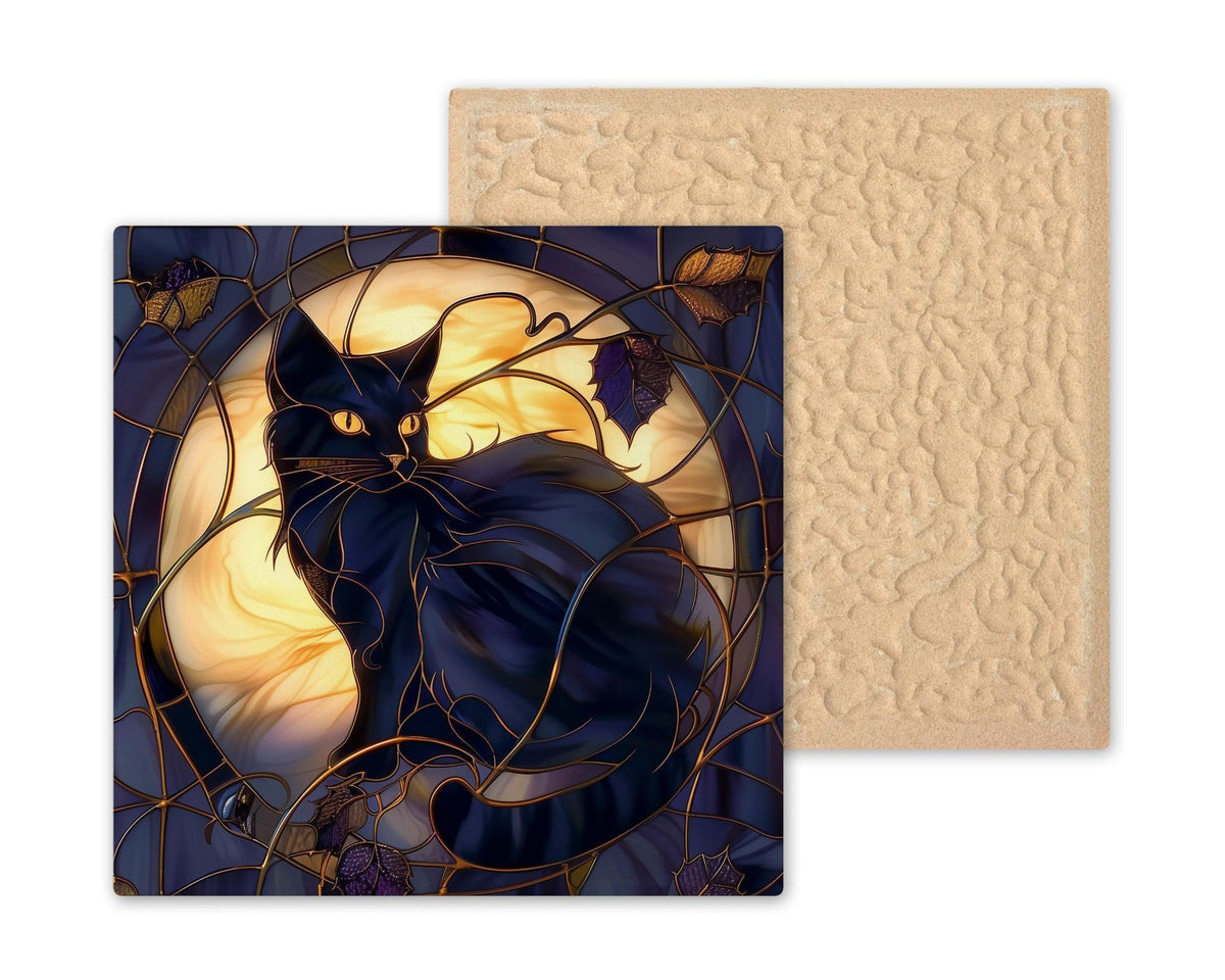 Moonlit Black Cat Ceramic Art Tile: Gothic Wall Decor Dark Academia Decor Fantasy Home Decor Wall Art Halloween Gothic Witch Enchanted Mo