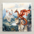 Ceramic tile art featuring a red dragon overlooking a medieval castle. Perfect fantasy decor for dragon lovers, gamers, or medieval art collectors.