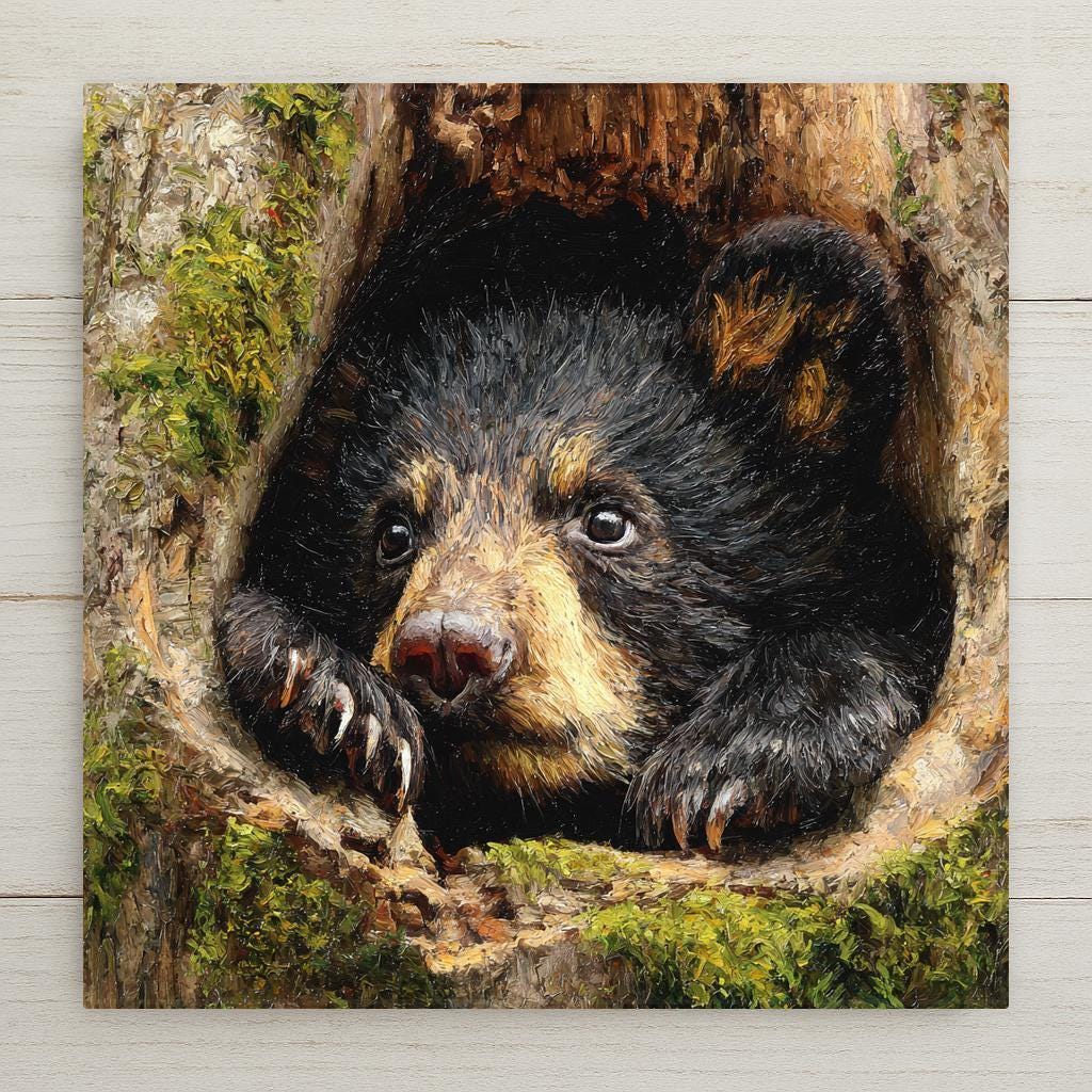 Adorable black bear cub ceramic tile for rustic home decor and woodland wall art. Rich detail and warm colors bring nature indoors. Durable printed ceramic tile. Optional tile wall hanger, easel tile stand, cork backing, and premium frame available. Not stained glass or sculpted material.