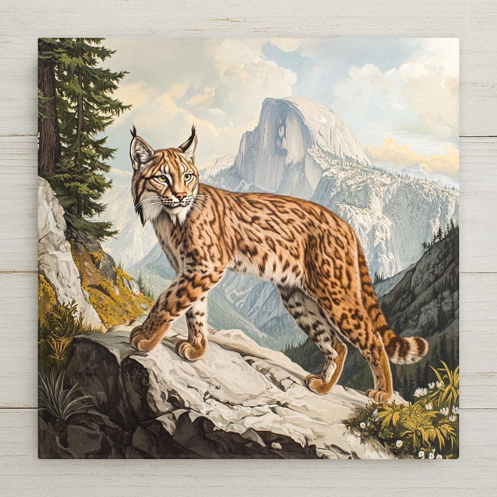 Audubon-style lynx ceramic tile with a bobcat in alpine terrain. A rustic wildlife accent perfect for nature lovers, cabins, or lodge-themed décor.
