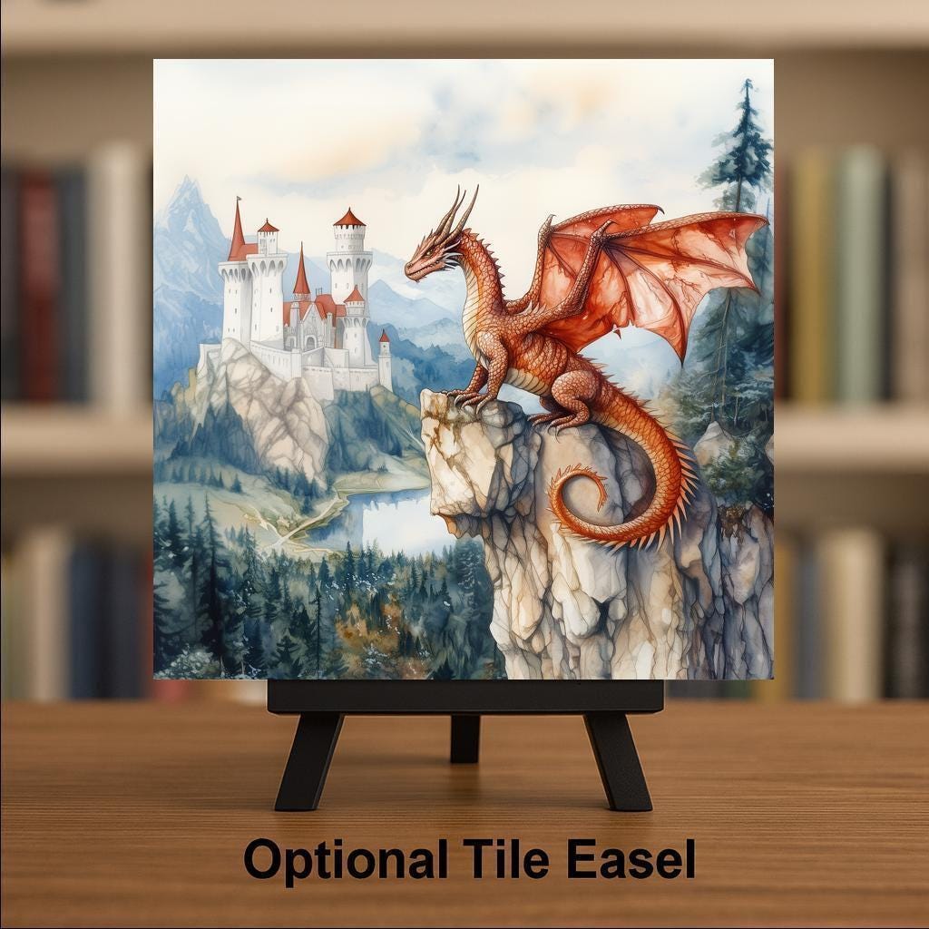 Watercolor Dragon Wall Art Ceramic Tile Fantasy Castle Gift Medieval Decor Myth Art Dragon Lover Gift Tile