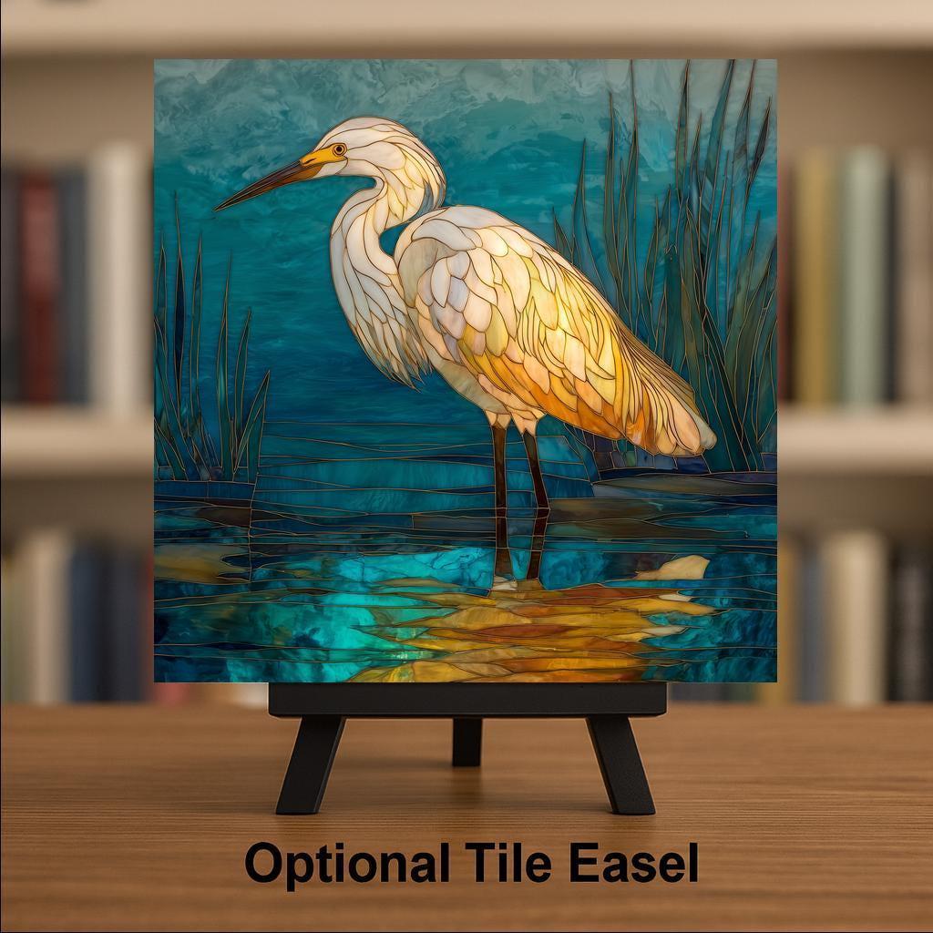 Egret Wall Art Ceramic Tile Coastal Gift Stained Glass Style Marsh Wildlife Decor Lake House Art Bird Lover Gift Tile