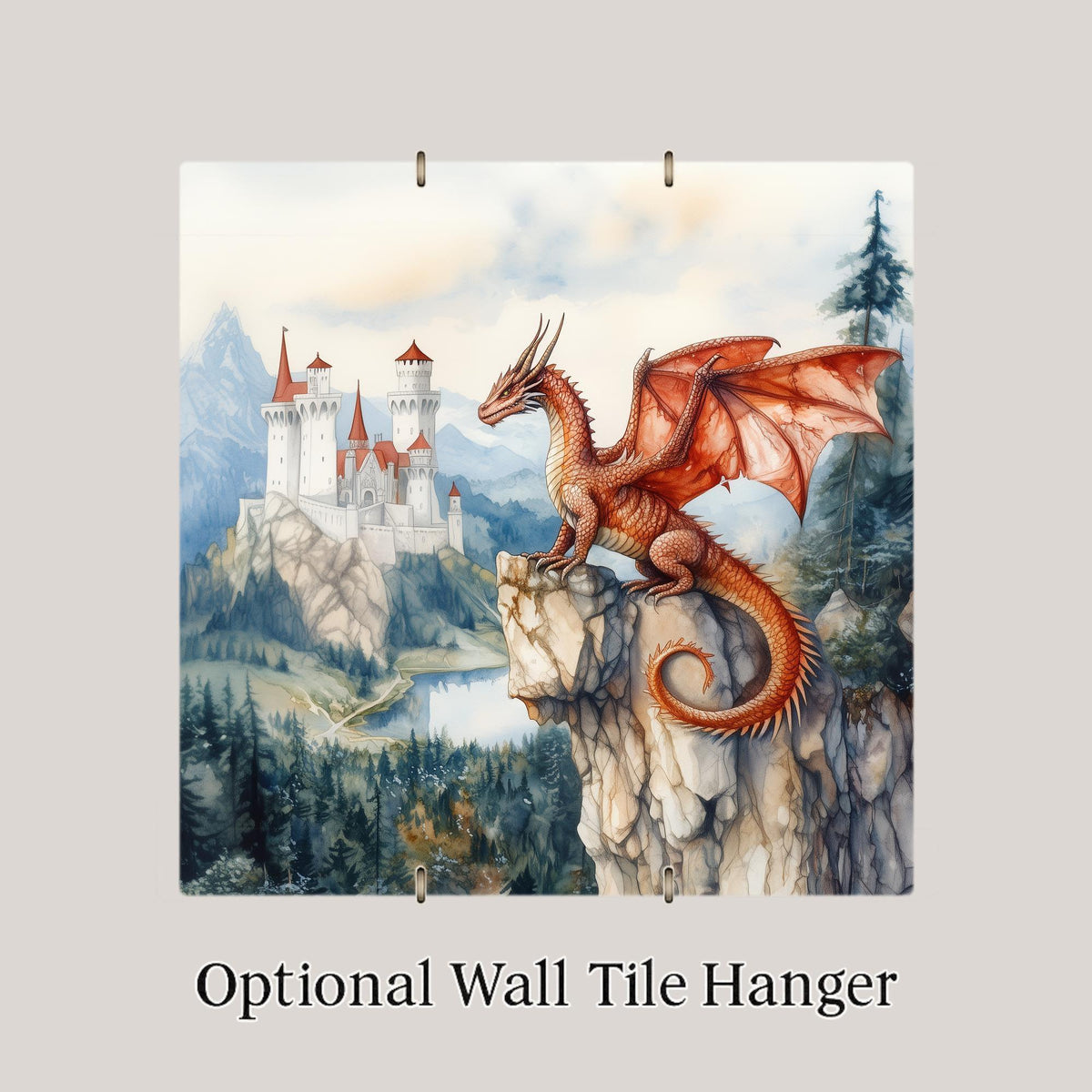 Watercolor Dragon Wall Art Ceramic Tile Fantasy Castle Gift Medieval Decor Myth Art Dragon Lover Gift Tile