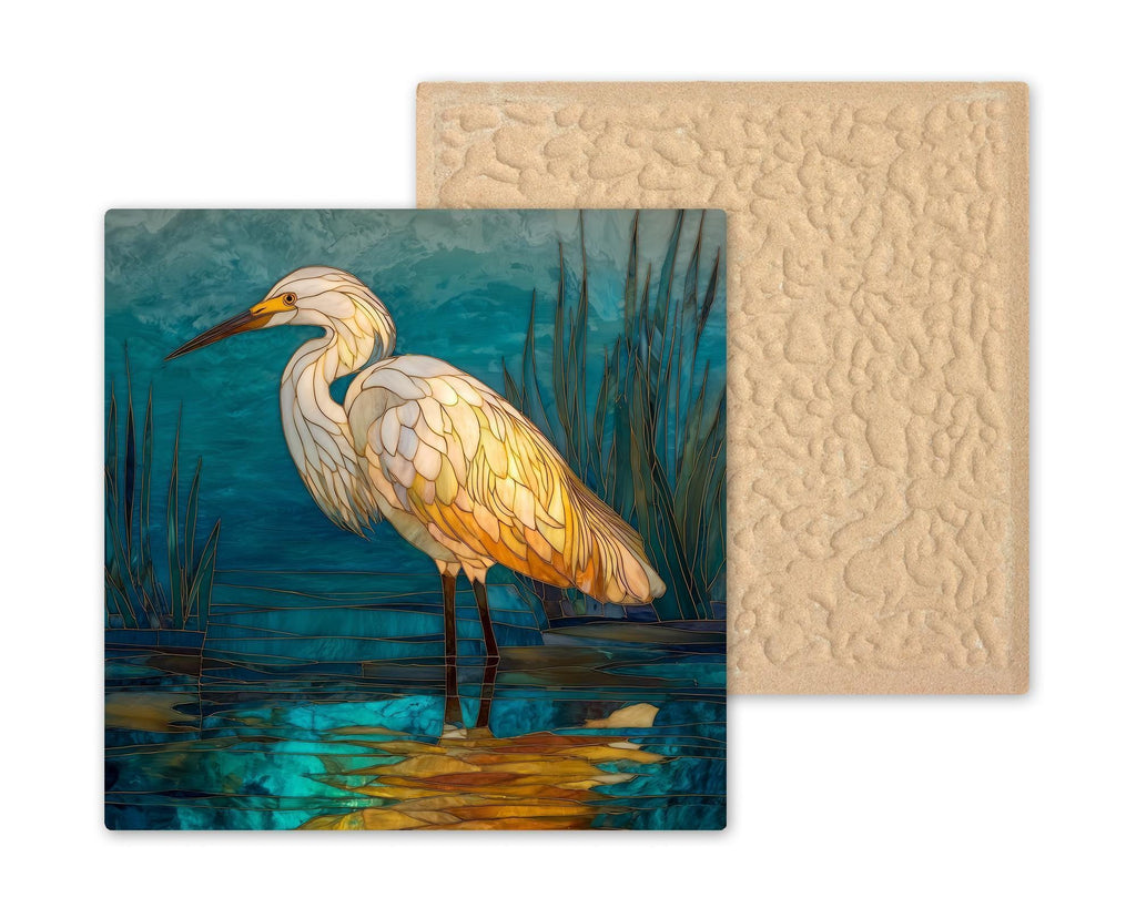 Egret Wall Art Ceramic Tile Coastal Gift Stained Glass Style Marsh Wildlife Decor Lake House Art Bird Lover Gift Tile