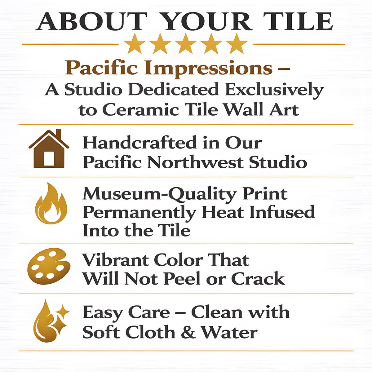 The image is a promotional poster for Pacific Impressions, a studio dedicated exclusively to ceramic tile wall art. It features five key points about the studio's offerings, including handmade ceramic tiles, a permanent heat-infused design, vibrant color, easy care, and the use of soft cloth and water for cleaning.