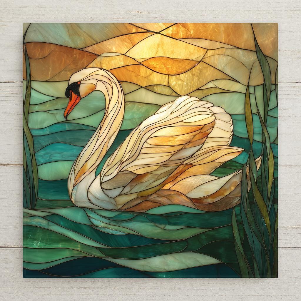 Elegant stained glass–style swan art printed on a ceramic tile. Soft golden and teal tones create a peaceful coastal look. Great for lake homes, beach decor, or nature-themed rooms. Optional tile wall hanger, easel tile stand, cork backing, and premium frame available.