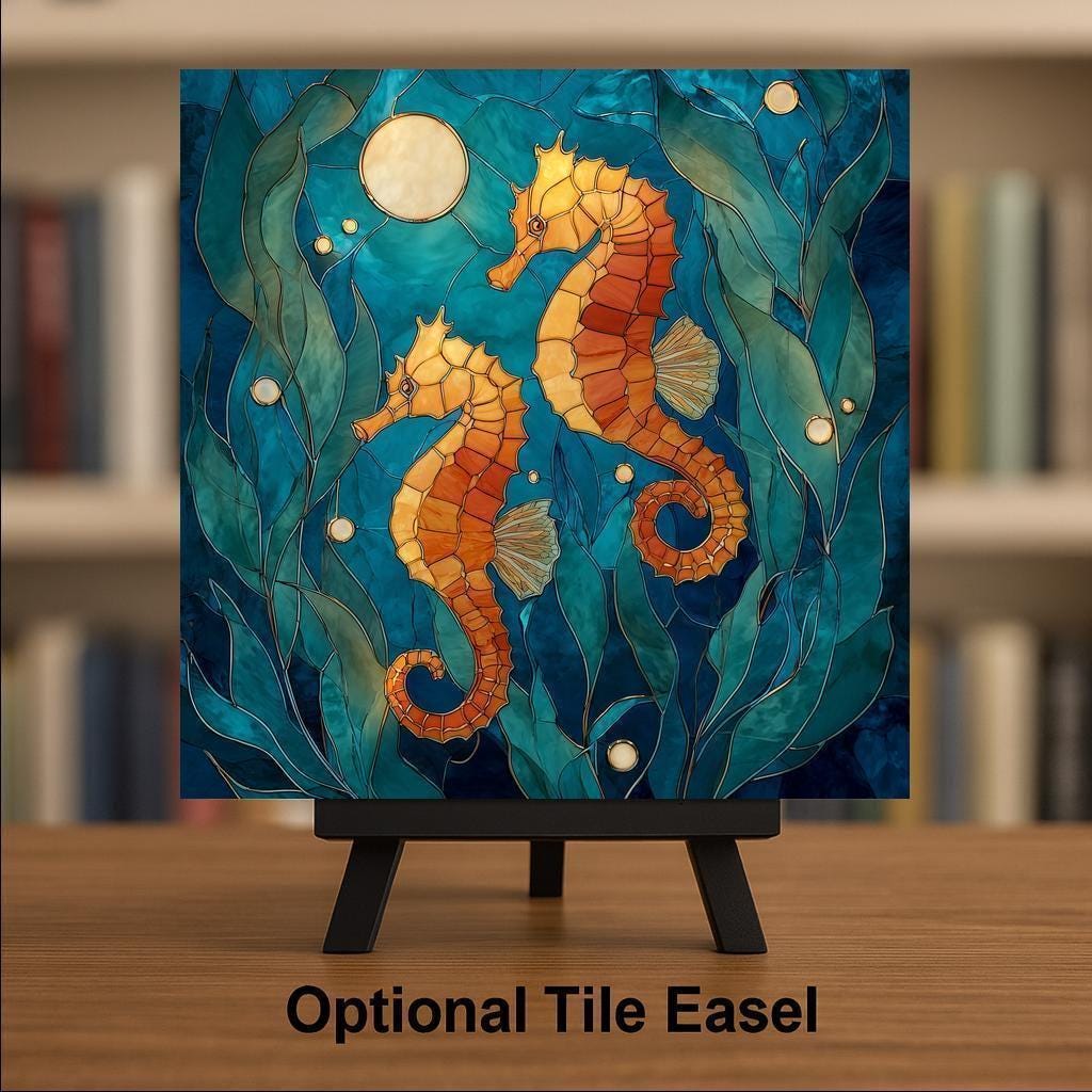 Seahorse Stained Glass Style Ceramic Art Tile – Coastal Ocean Wall Decor, Nautical Sea Life Beach Gift