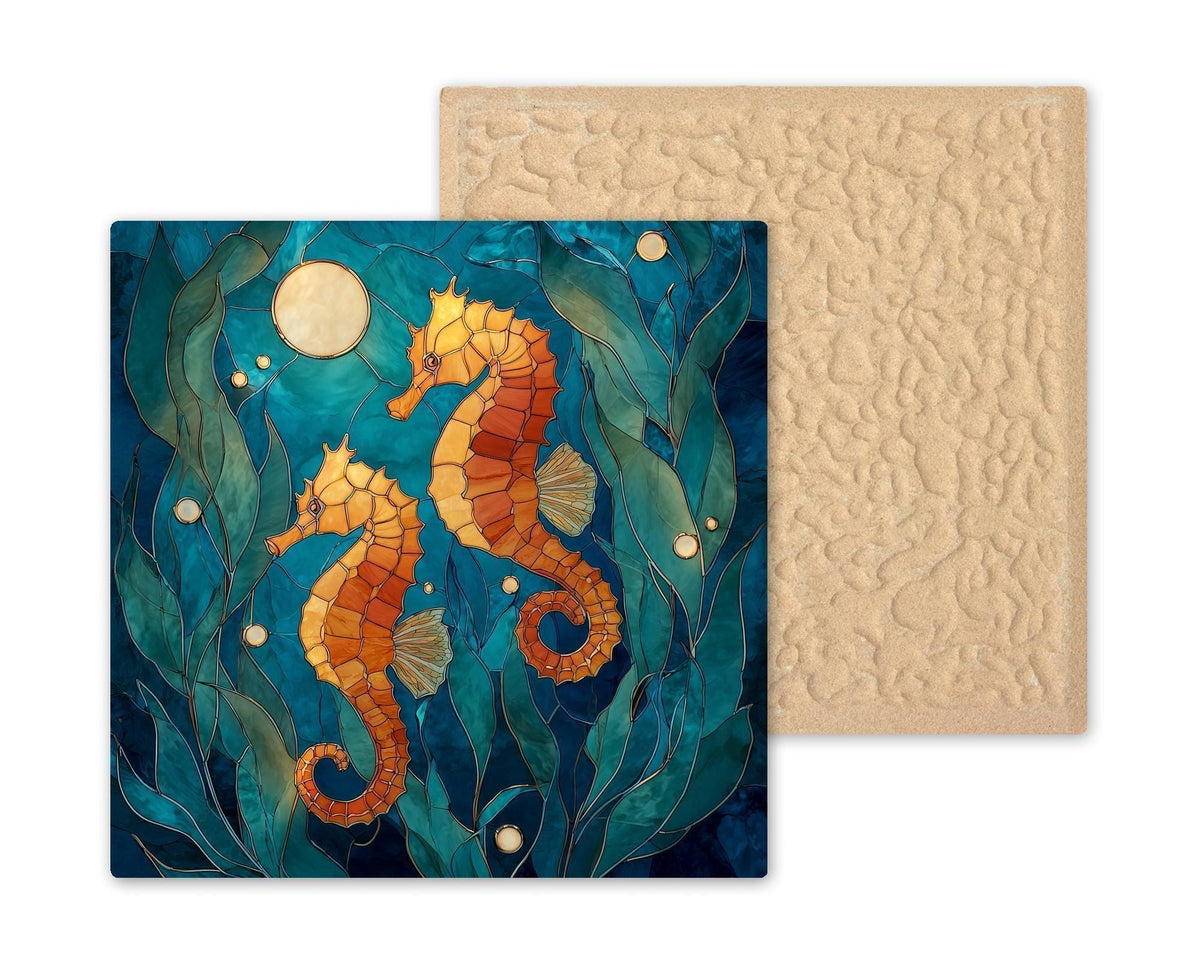 Seahorse Stained Glass Style Ceramic Art Tile – Coastal Ocean Wall Decor, Nautical Sea Life Beach Gift