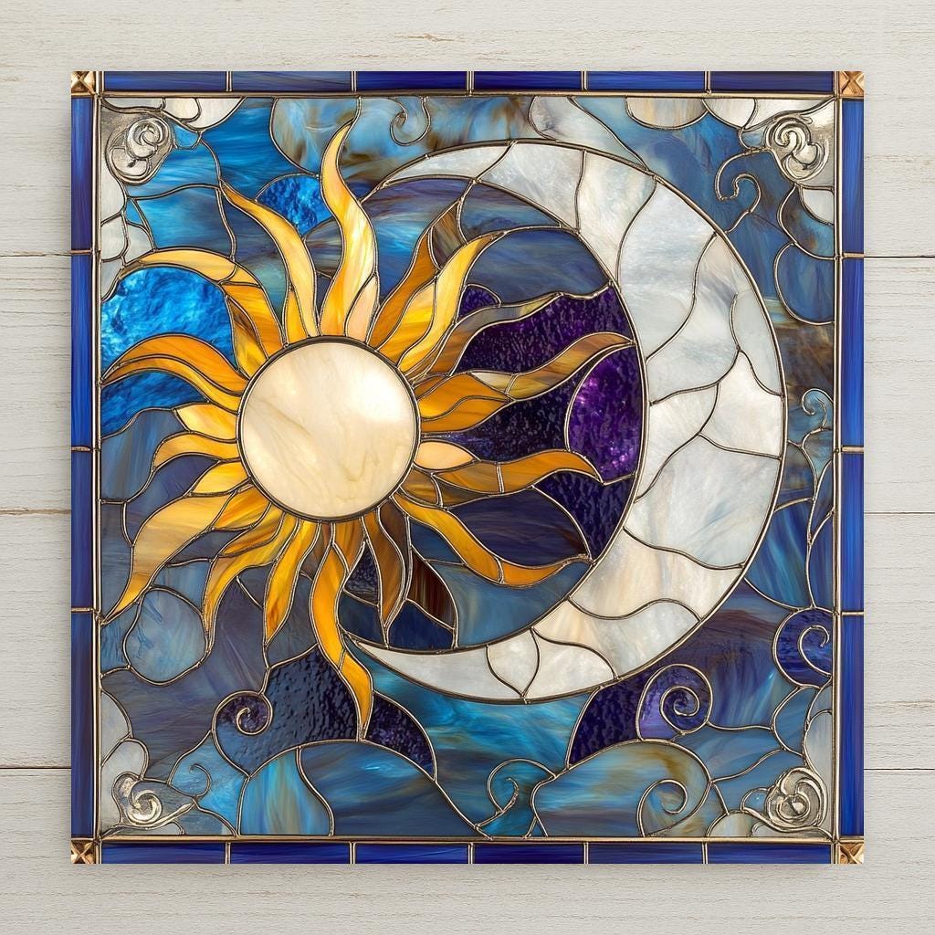 Sun and moon ceramic tile in stained glass style. Bold blue and gold celestial design. Perfect handmade gift for cosmic, boho, or astrology lovers.
