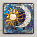 Sun and moon ceramic tile in stained glass style. Bold blue and gold celestial design. Perfect handmade gift for cosmic, boho, or astrology lovers.
