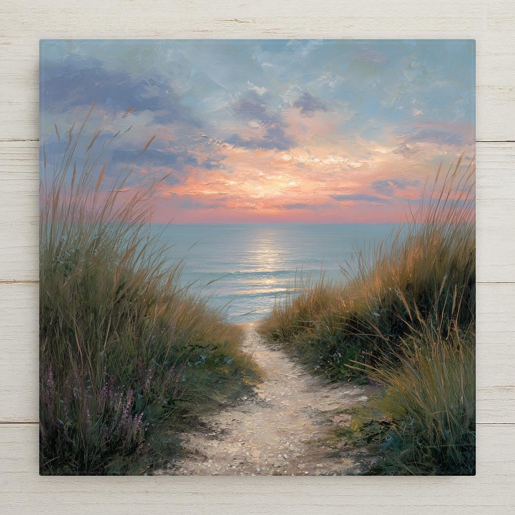 Stained glass–style Cape Cod ceramic tile wall art featuring a sandy path through dune grass leading to the ocean at sunset. Coastal beach house wall decor. Permanent print on ceramic tile, not real stained glass or mosaic. Optional tile wall hanger, easel tile stand, cork backing, and premium frame available.