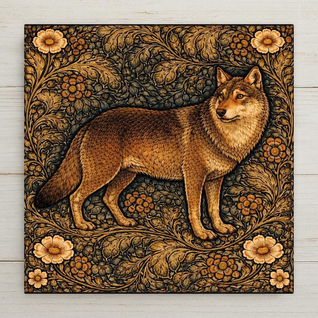 Golden wolf standing among intricate forest foliage in William Morris inspired woodland ceramic tile artwork.