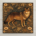 Golden wolf standing among intricate forest foliage in William Morris inspired woodland ceramic tile artwork.