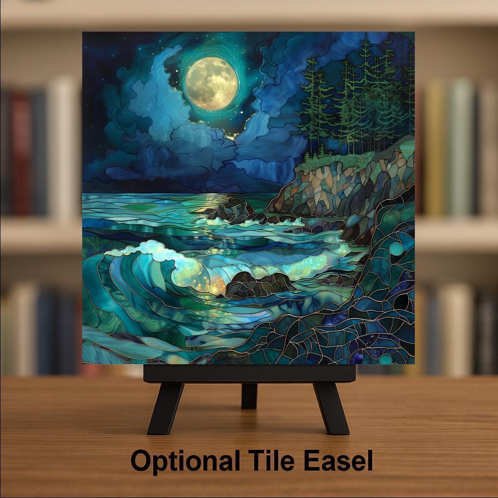 Pacific Northwest Wall Art Ceramic Tile – Moonlit Ocean Cliff Decor – Emerald Coastal Home Decor – Rustic Cabin Wall Decor