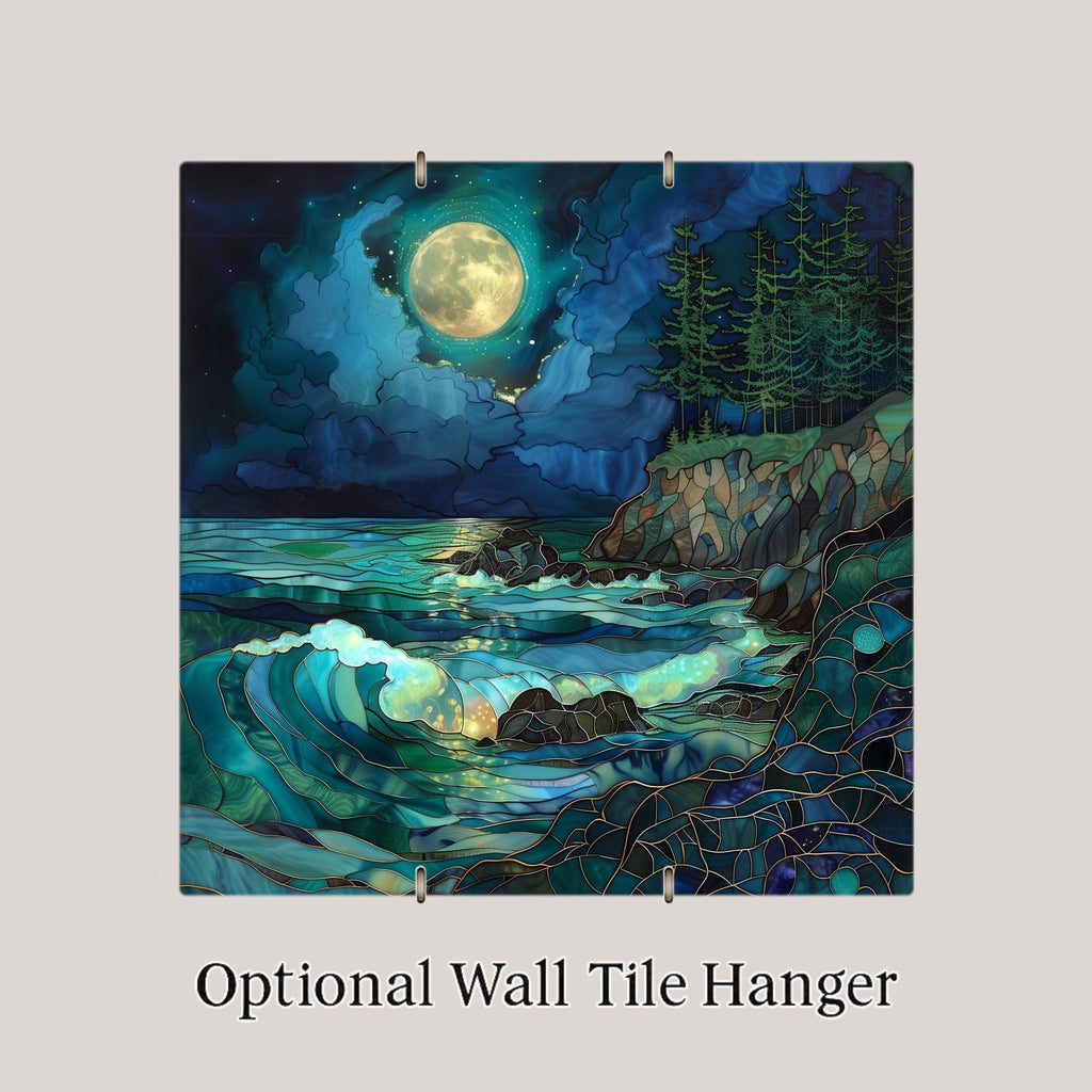 Pacific Northwest Wall Art Ceramic Tile – Moonlit Ocean Cliff Decor – Emerald Coastal Home Decor – Rustic Cabin Wall Decor