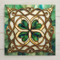 Celtic four-leaf clover tile with intricate knotwork and stained glass style. Irish ceramic wall art perfect for home decor or seasonal gifting.