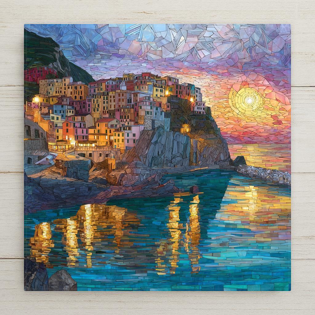 Cinque Terre Italy ceramic tile wall art featuring a colorful Italian Riviera cliffside village at sunset. Stylized stained glass–inspired Mediterranean coastal scene with pastel homes, glowing lights, dramatic cliffs, and shimmering blue water reflections. This is a flat, permanent print on ceramic tile, not real stained glass or mosaic. Ideal for Italian wall decor, Mediterranean home decor, or European travel-inspired art.