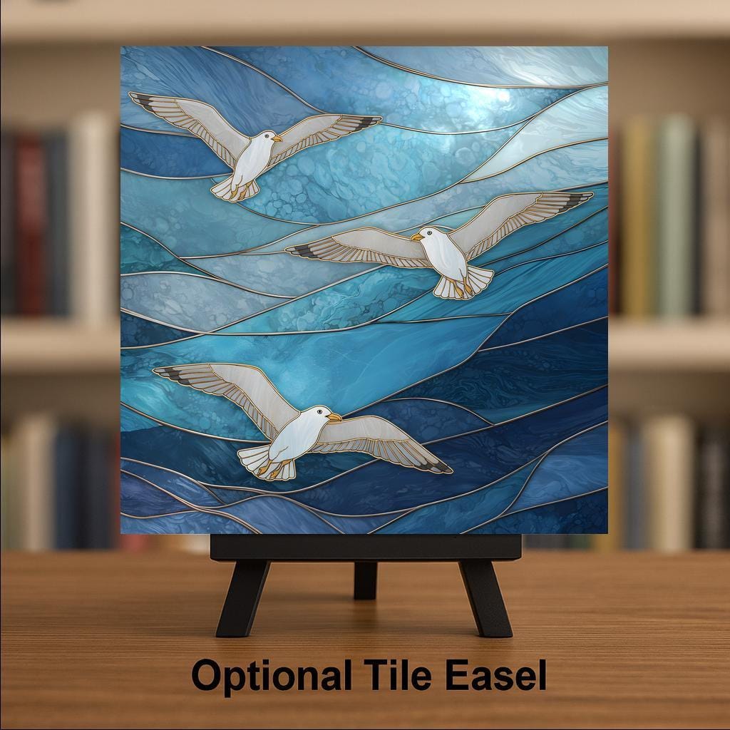 Seagull Ceramic Art Tile – Stained Glass Style Coastal Beach Wall Decor, Seaside Ocean Bird Gift