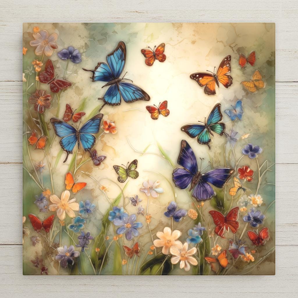 Stained glass style butterfly garden ceramic tile with multiple butterfly species among abundant wildflowers in luminous jewel tones of cobalt teal purple amber and rose gold, warm sunlight through the garden, a vivid nature lover and butterfly lover gift.