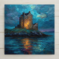Stained glass style ceramic tile wall art featuring a glowing coastal castle on a rocky island at night. Inspired by Scottish seaside landscapes, this moody seascape blends deep blues and warm light for timeless wall decor and home decor. Permanent print on ceramic tile. Optional wall hanger, easel stand, cork backing, or premium frame available.