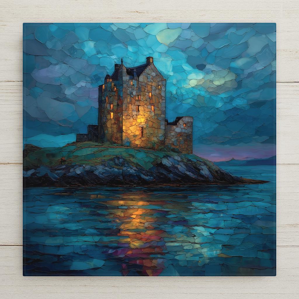 Stained glass style ceramic tile wall art featuring a glowing coastal castle on a rocky island at night. Inspired by Scottish seaside landscapes, this moody seascape blends deep blues and warm light for timeless wall decor and home decor. Permanent print on ceramic tile. Optional wall hanger, easel stand, cork backing, or premium frame available.