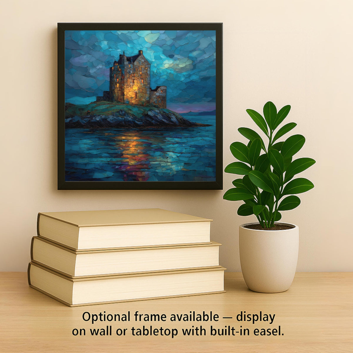 Scottish Castle Ceramic Art Tile – Stained Glass Style Night Seascape Wall Decor, Historic Island Travel Gift