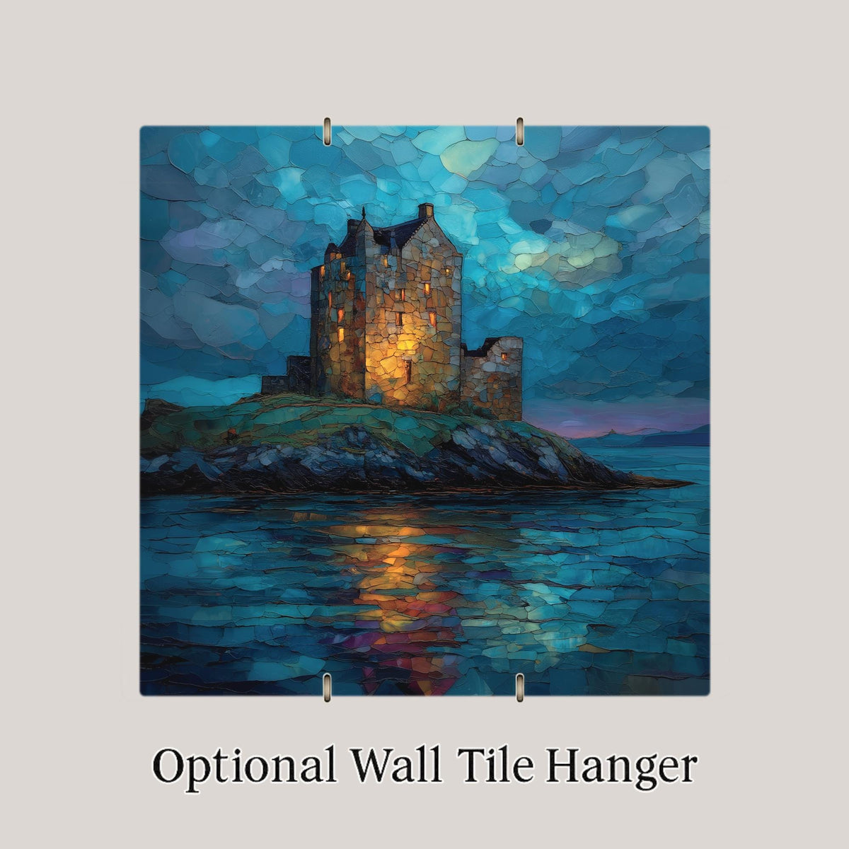 Scottish Castle Ceramic Art Tile – Stained Glass Style Night Seascape Wall Decor, Historic Island Travel Gift