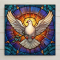 Stained glass style ceramic art tile of a white peace dove with an olive branch and halo against a radiant sunburst of leaded glass panels, Christian Holy Spirit faith and sympathy decor.