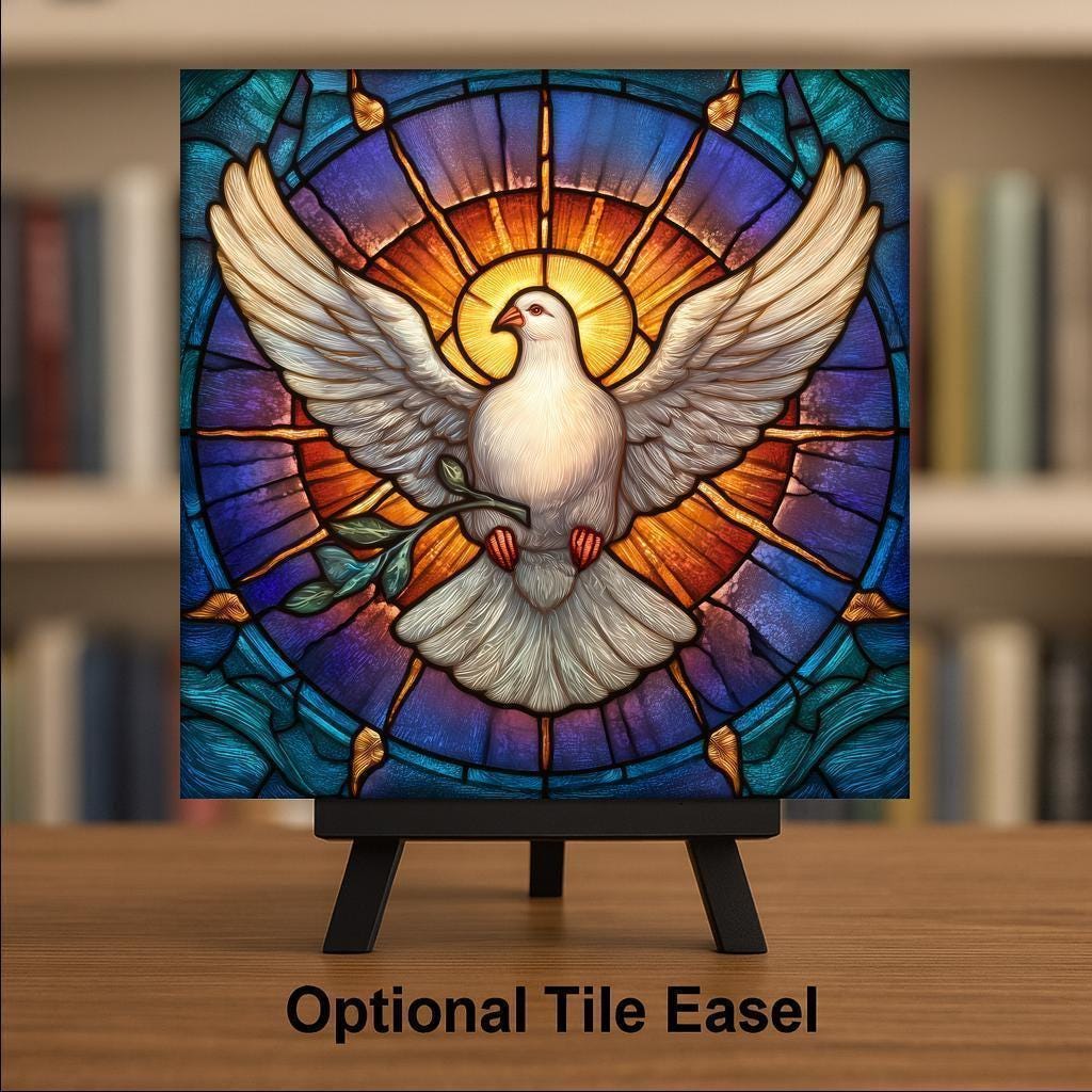 Peace Dove Stained Glass Style Ceramic Art Tile – Christian Faith Wall Decor, Holy Spirit Sympathy Keepsake