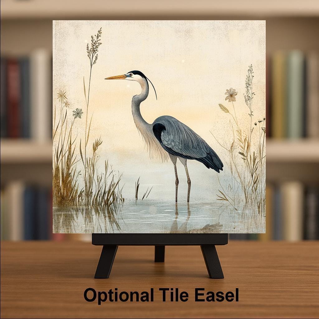 Blue Heron Ceramic Art Tile: Coastal Wall Decor Beach House Accent Ocean Home Decor Wall Art